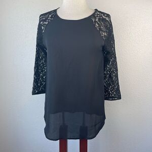 NWT One Clothing Womens Black 3/4 Sleeve Lace Blouse Size S